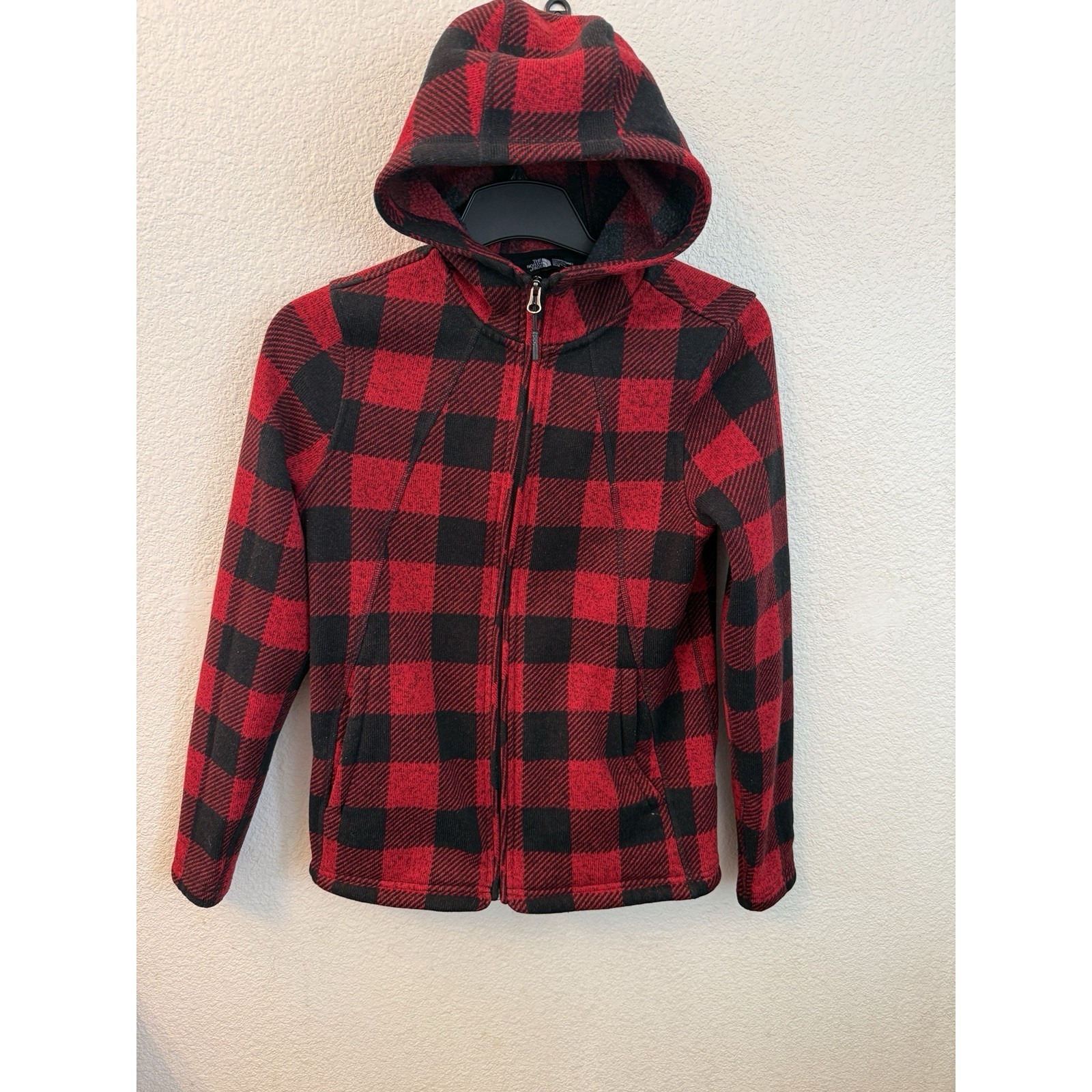 The North Face Womens Hoodie Size Medium Red Black Buffalo Plaid Zip Fleece